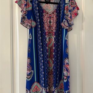 Vibrant Blue Paisley Dress with Ruffle Sleeves